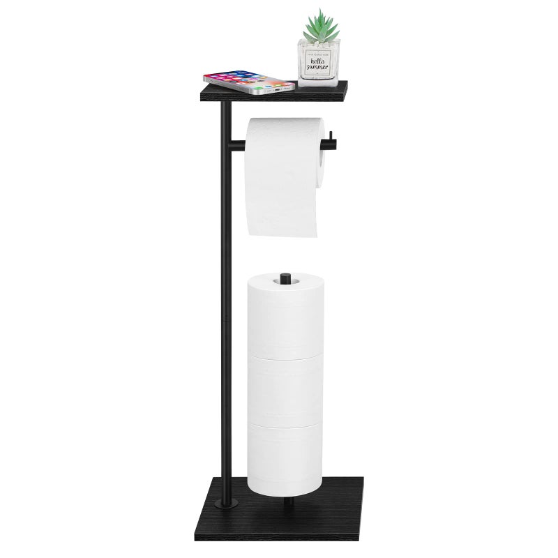 Toilet Paper Holder Free Standing Black Bathroom Toilet Paper Holder Stand with Storage Shelf Freestanding Roll Tissue Holders Dispenser for Reserve Spare Mega Rolls