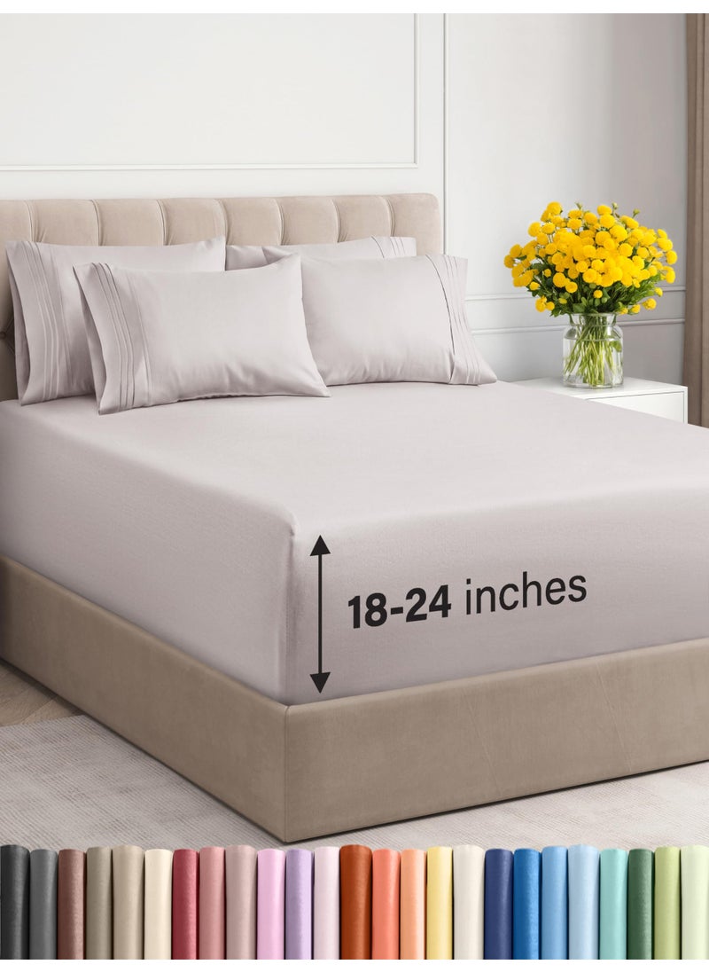 Extra Deep Queen Sheet Set  6 Piece Breathable  Cooling Sheets  Hotel Luxury Bedding Set with 1824 Inch Extra Deep Pockets  Easy Fit  Super Soft Wrinkle Free and Comfy  Light Grey Queen Size