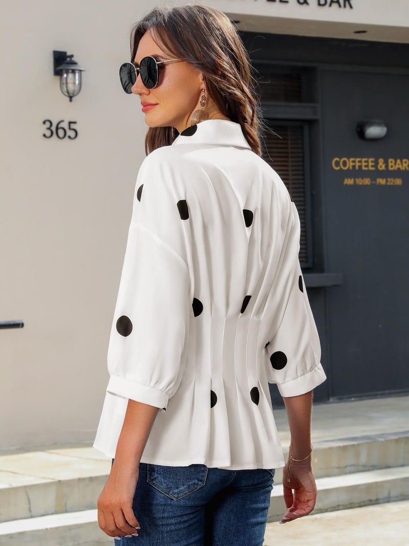 Nlife Women Polka Dot Pleated Peplum Blouse 3/4 Sleeve Button Down Cinched Waist Shirt Fitted Flattering Office Daytime Top - Image 3