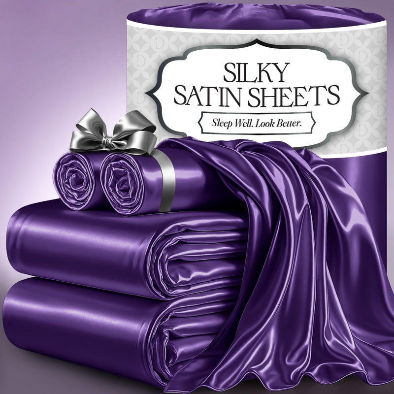 DECOLURE Satin Bed Sheets  4 Piece Luxury Silky Full Size Bedding Set  Softer Than Silk WrinkleFree with 15 Deep Pocket Fitted Sheet Perfect for Hair  Skin Gifts for Women Purple