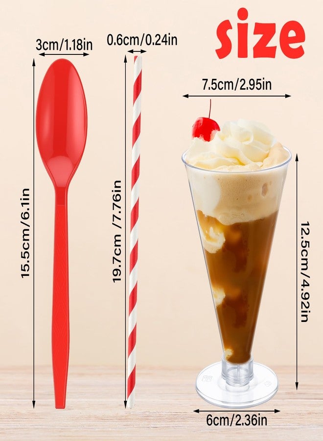 Potchen 120 Pcs Root Beer Floats Disposable Plastic Martini Glasses Parfait Cups Red Plastic Spoons Set 6 oz Tall Dessert Cup with Spoons Straw Root Beer Clear Cocktail Cup for Birthday Wedding Party - Image 2