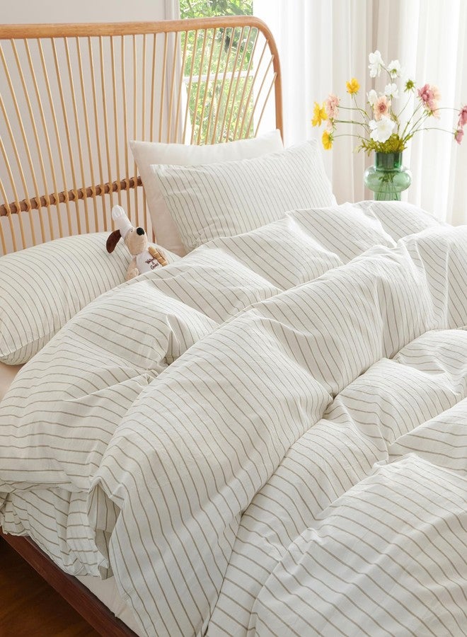 Nayoroom Striped Duvet Cover Queen Size 100% Washed Cotton White Brown Stripe Duvet Cover 3 Pieces Soft Breathable Girls Dorm Bedding Set for All Seasons, Yarn Dyed Process - Image 1