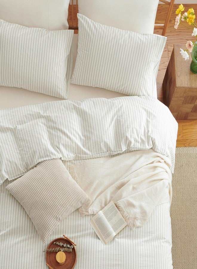 Nayoroom Striped Duvet Cover Queen Size 100% Washed Cotton White Brown Stripe Duvet Cover 3 Pieces Soft Breathable Girls Dorm Bedding Set for All Seasons, Yarn Dyed Process - Image 4