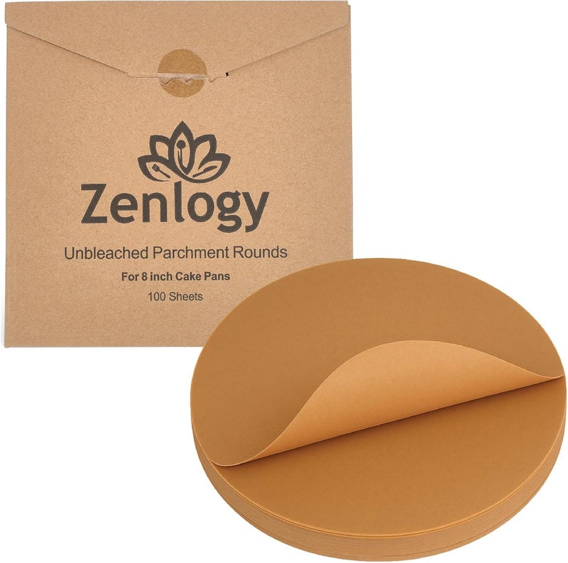 Zenlogy 8 Inch Parchment Paper Rounds (100 Sheets) - Unbleached, Pre-cut, High Heat, Round Liners - Fits 8 inch Round Cake Pans or Great for Freezing, Storing, and Separating - Image 1
