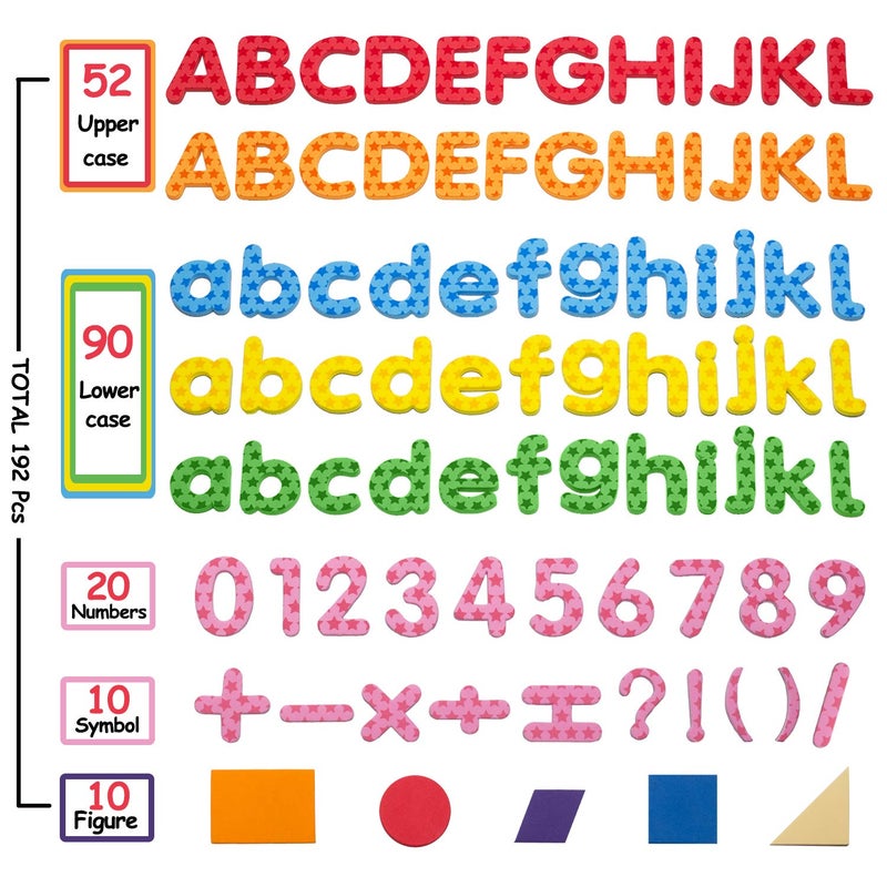 Laxdacee 192 Pcs Magnetic Letters Numbers 9 Color(With Pattern Blocks,Symbols) Foam Set, Alphabet Magnets Gift for Preschool Kids Children Toddler Educational Fridge Refrigerator Toy, Classroom School Learning - Image 2