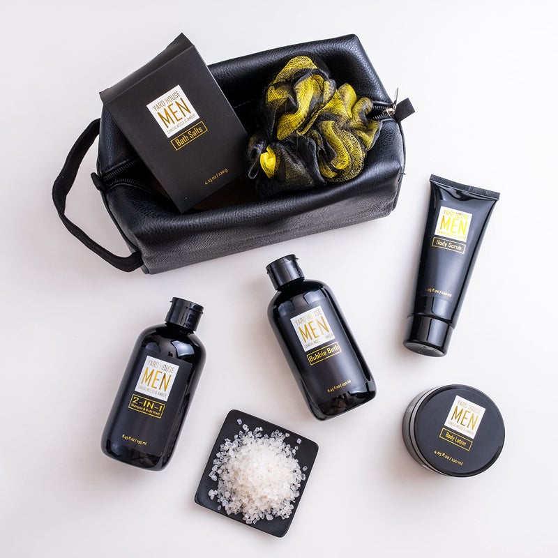 YARD HOUSE Bath and Body Spa Gift Baskets Set for Men - Sandalwood Amber - 7Pc Spa Kit w. Full Size Items in Leather Toiletry Bag - Fathers Day Birthday Gifts For Husband, Dad From Wife, Daughter Son - Image 5