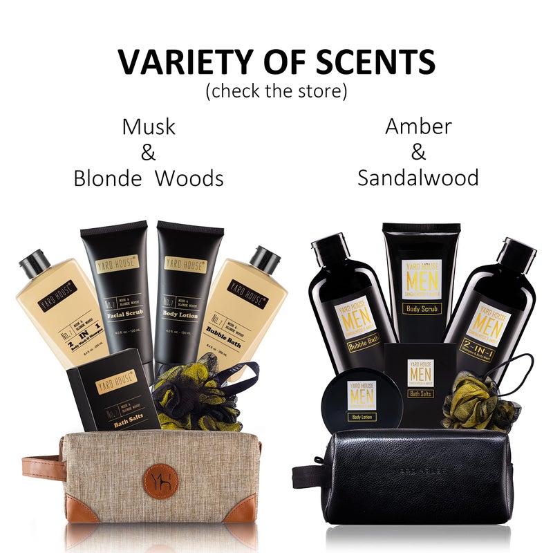 YARD HOUSE Bath and Body Spa Gift Baskets Set for Men - Sandalwood Amber - 7Pc Spa Kit w. Full Size Items in Leather Toiletry Bag - Fathers Day Birthday Gifts For Husband, Dad From Wife, Daughter Son - Image 4