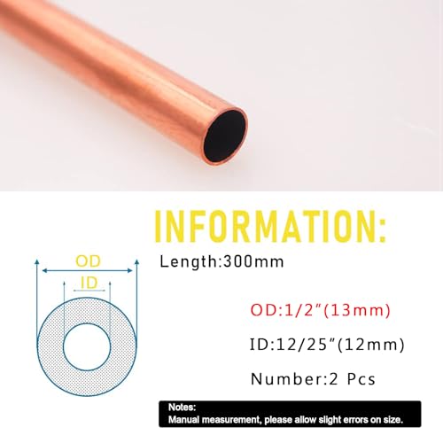 Tynulox 1/2"(13mm) OD 99.9% Copper Tube 0.5mm Wall × 300mm Length × 2Pcs, Pure Seamless Round Copper Tubing for Refrigerator, Jewellery and Industry - Image 2