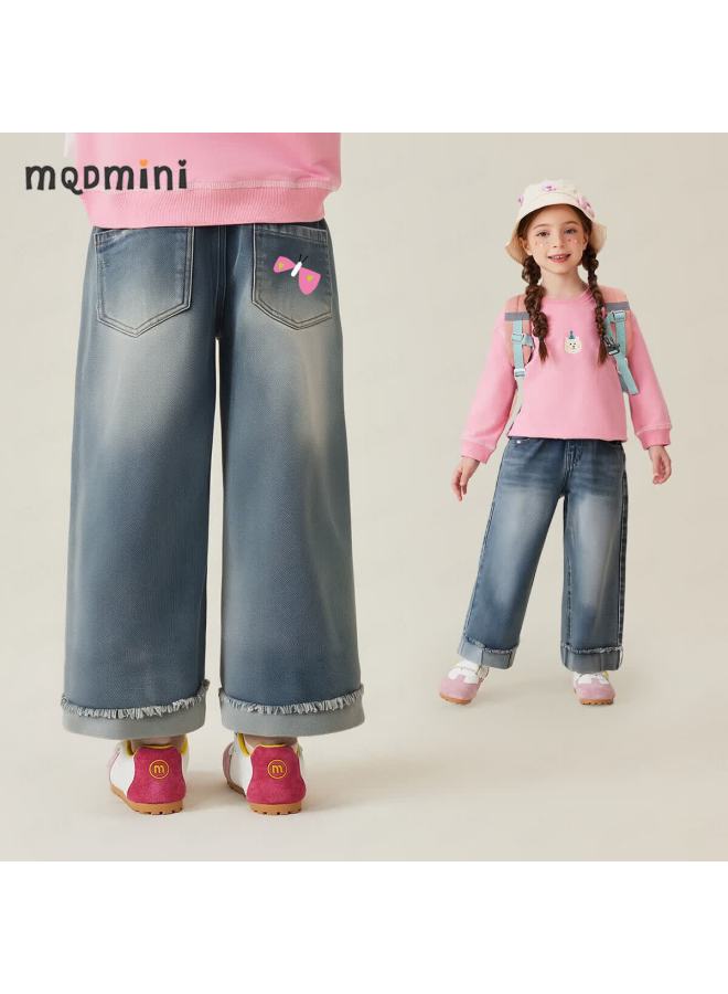 Mqdmini Girls' Turn-up Denim Jeans Children's Straight-leg Wide-leg Pants Casual Stylish Trousers Butterfly Princess - Image 1