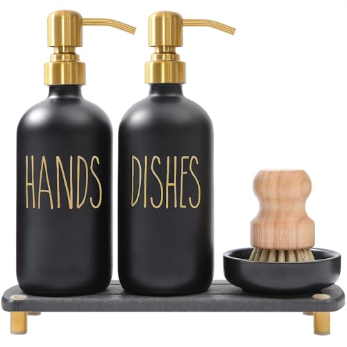 MOMEEMO Soap Dispenser Set Comes with Stainless Pumps Instant Dry Tray and Dish Scrub Brush Suitable for Black and Gold Kitchen Decor Black Gold - Image 1