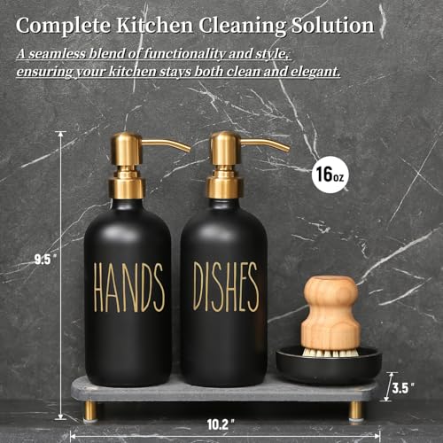 MOMEEMO Soap Dispenser Set Comes with Stainless Pumps Instant Dry Tray and Dish Scrub Brush Suitable for Black and Gold Kitchen Decor Black Gold - Image 3