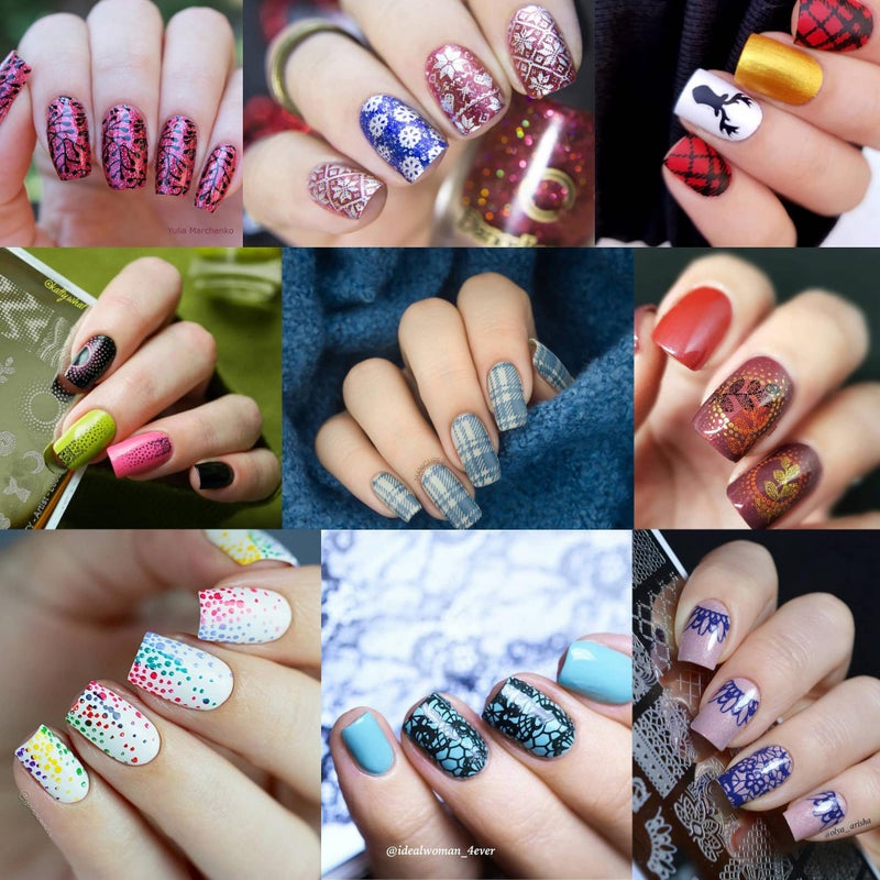 Born Pretty Nail Stamping Plates Set Plaid Flowers Leaves Lace Nail Art Image Plates Spring into Winter Stamp Templates Kit Image Manicuring DIY Printing Tools 8PCS - Image 3