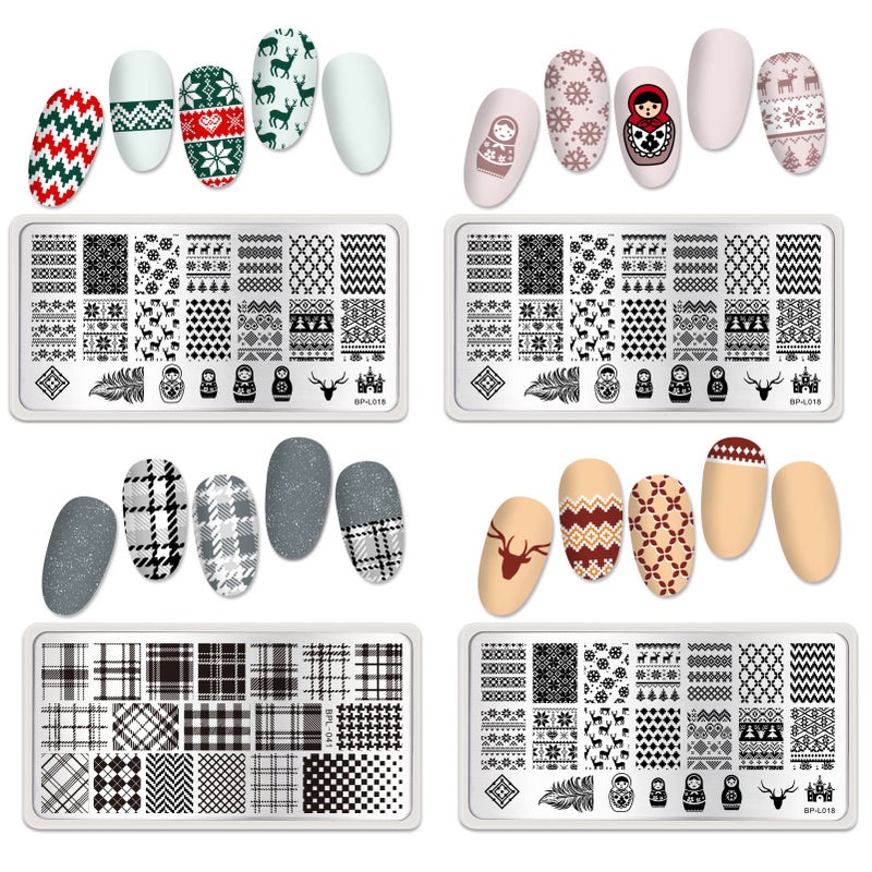 Born Pretty Nail Stamping Plates Set Plaid Flowers Leaves Lace Nail Art Image Plates Spring into Winter Stamp Templates Kit Image Manicuring DIY Printing Tools 8PCS - Image 4