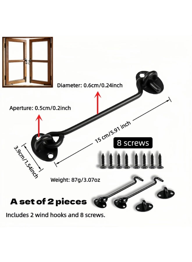 6 Inch Heavy Duty Hook and Eye Latch, Stainless Steel Barn Door Lock, Black, 2 Pack - Image 2