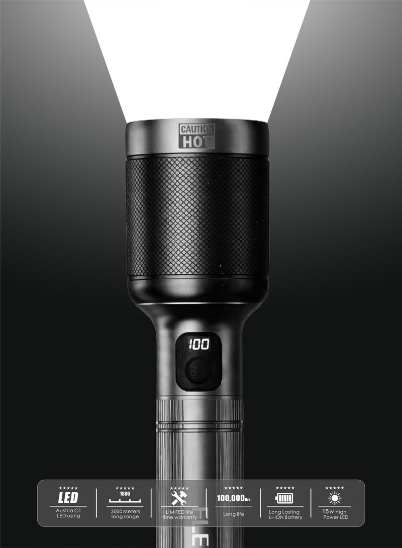 Flexy Digital Zoomable LED Flashlight, 60W Austria C1 W5050 Laser LED, 3700m Range, 12000mAh Li-Ion Battery, Type-C Charging, 3000LM, 4-Year Warranty - Image 4