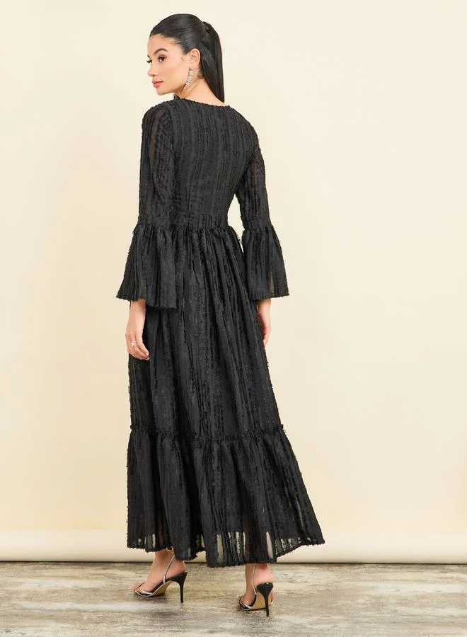 Styli Tassel Texture Tiered Maxi Dress with Long Sleeves