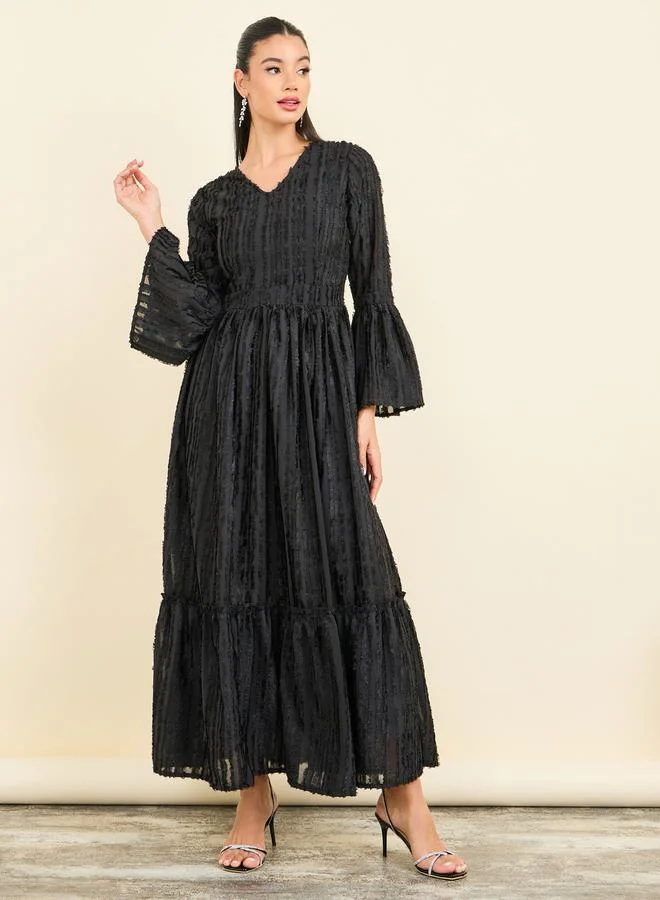 Styli Tassel Texture Tiered Maxi Dress with Long Sleeves