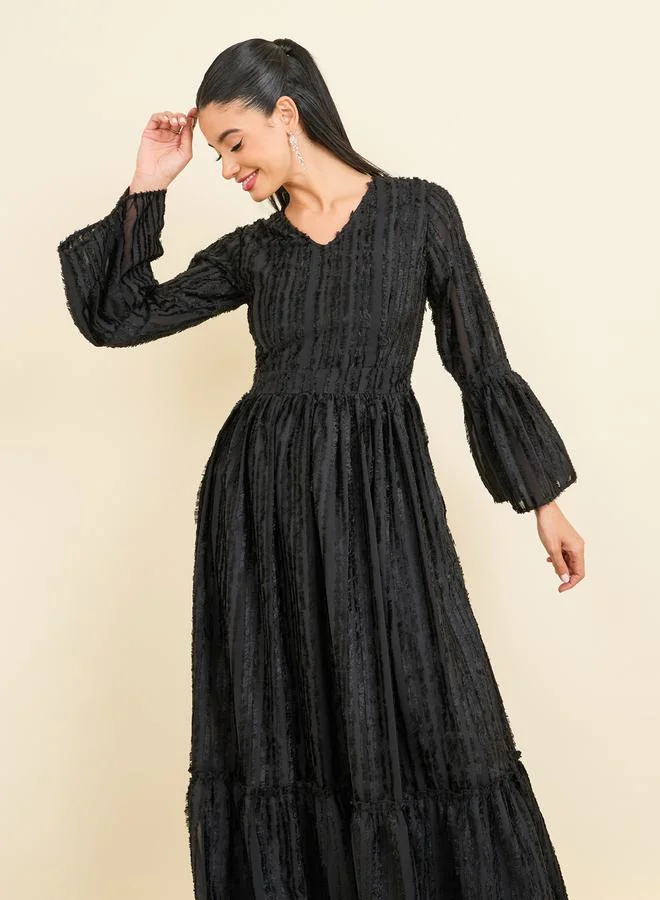 Styli Tassel Texture Tiered Maxi Dress with Long Sleeves