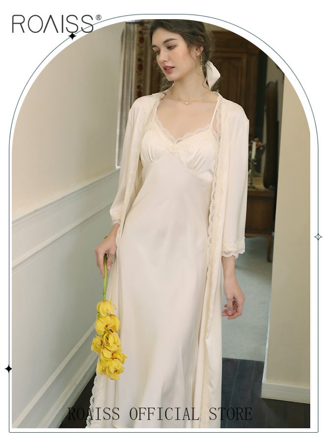 roaiss 2 Piece Set Women Sweet Nightdress Ice Silk Sling Lace Pajamas Ladies Satin Long Sleeve Robe Loungewear Loose Nightgown with Pad Female Spring Autumn Solid Home Wear  - Image 5