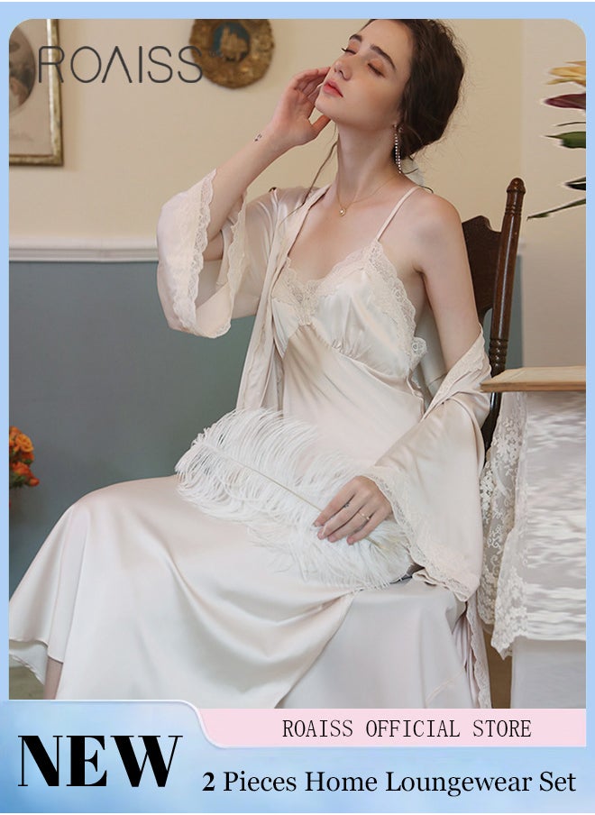 roaiss 2 Piece Set Women Sweet Nightdress Ice Silk Sling Lace Pajamas Ladies Satin Long Sleeve Robe Loungewear Loose Nightgown with Pad Female Spring Autumn Solid Home Wear  - Image 1