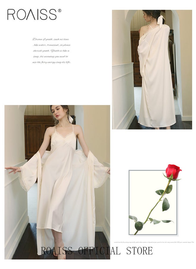 roaiss 2 Piece Set Women Sweet Nightdress Ice Silk Sling Lace Pajamas Ladies Satin Long Sleeve Robe Loungewear Loose Nightgown with Pad Female Spring Autumn Solid Home Wear  - Image 3