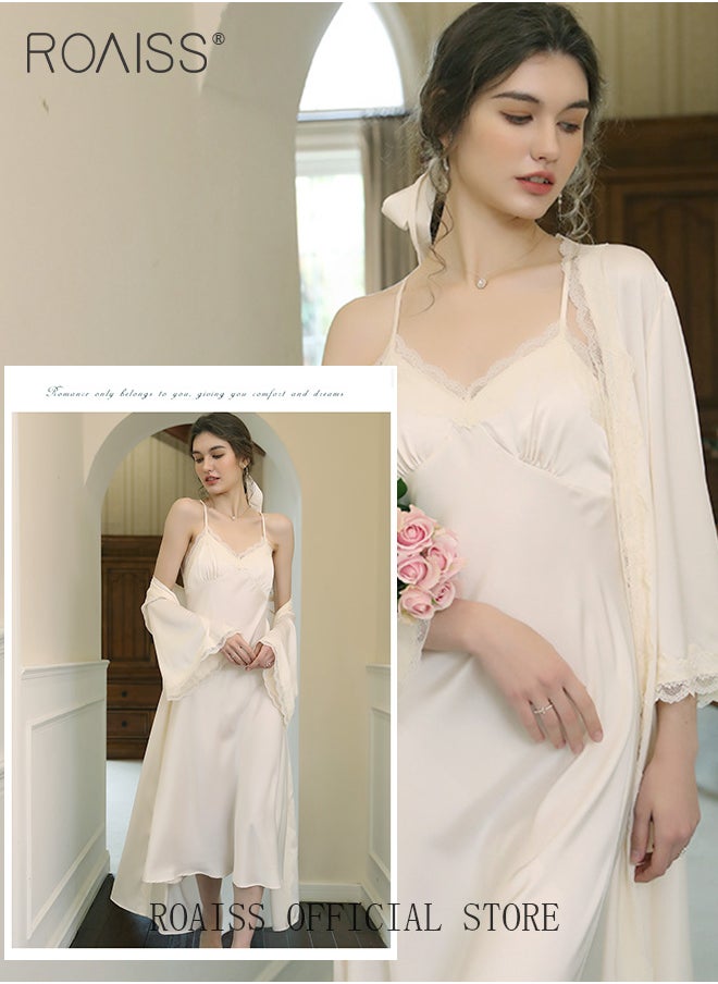 roaiss 2 Piece Set Women Sweet Nightdress Ice Silk Sling Lace Pajamas Ladies Satin Long Sleeve Robe Loungewear Loose Nightgown with Pad Female Spring Autumn Solid Home Wear  - Image 2