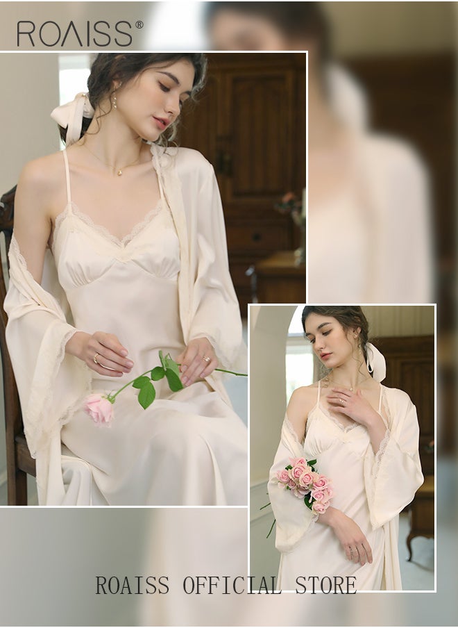 roaiss 2 Piece Set Women Sweet Nightdress Ice Silk Sling Lace Pajamas Ladies Satin Long Sleeve Robe Loungewear Loose Nightgown with Pad Female Spring Autumn Solid Home Wear  - Image 4