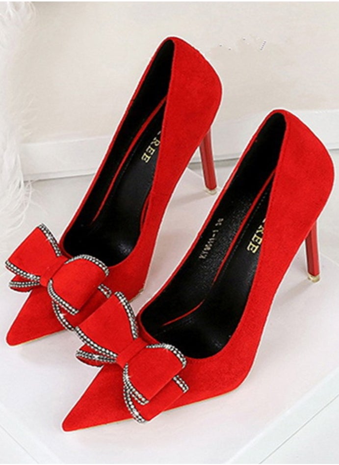BIGTREE Women's Suede Closed Pointed Toe Stiletto Pump Rhinestone Bowknot Decoration High Heels Red 10.5 CM  - Image 1