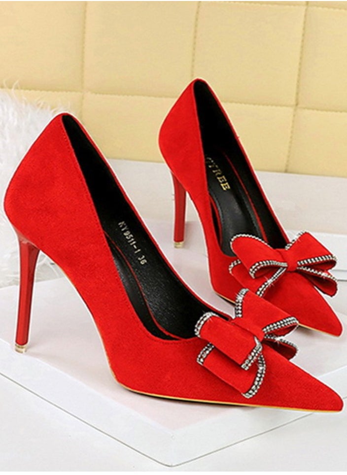 BIGTREE Women's Suede Closed Pointed Toe Stiletto Pump Rhinestone Bowknot Decoration High Heels Red 10.5 CM  - Image 2