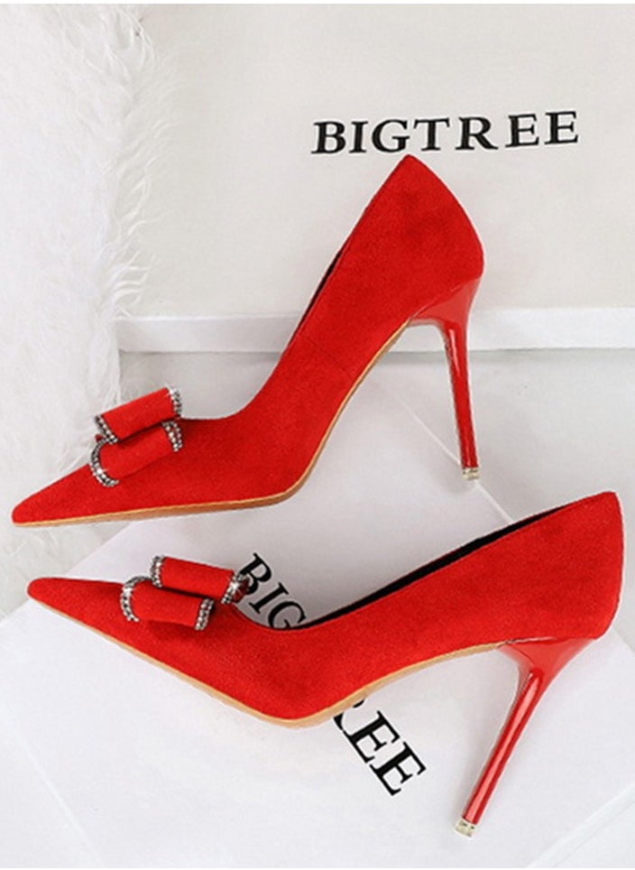 BIGTREE Women's Suede Closed Pointed Toe Stiletto Pump Rhinestone Bowknot Decoration High Heels Red 10.5 CM  - Image 3