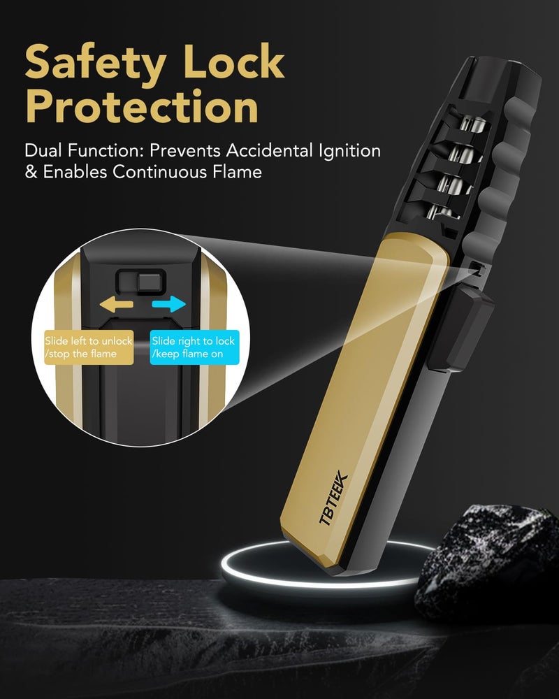 TBTeek Butane Torch Lighter - Adjustable Jet Flame Lighter, Refillable Bright Fire Blow Torch, Cooking Lighter with Safety Lock for creme, BBQ, Baking, Candle, Camping, Gold (Gas Not Included) - Image 4