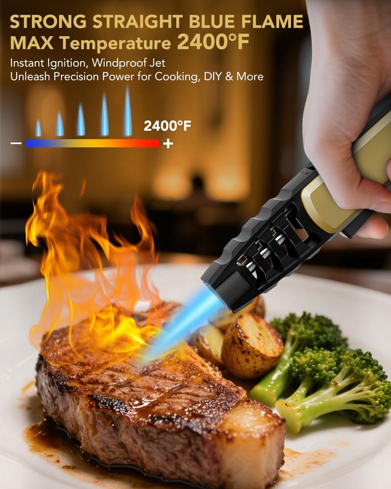 TBTeek Butane Torch Lighter - Adjustable Jet Flame Lighter, Refillable Bright Fire Blow Torch, Cooking Lighter with Safety Lock for creme, BBQ, Baking, Candle, Camping, Gold (Gas Not Included) - Image 2