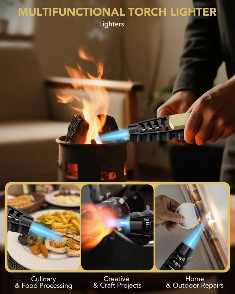 TBTeek Butane Torch Lighter - Adjustable Jet Flame Lighter, Refillable Bright Fire Blow Torch, Cooking Lighter with Safety Lock for creme, BBQ, Baking, Candle, Camping, Gold (Gas Not Included) - Image 5