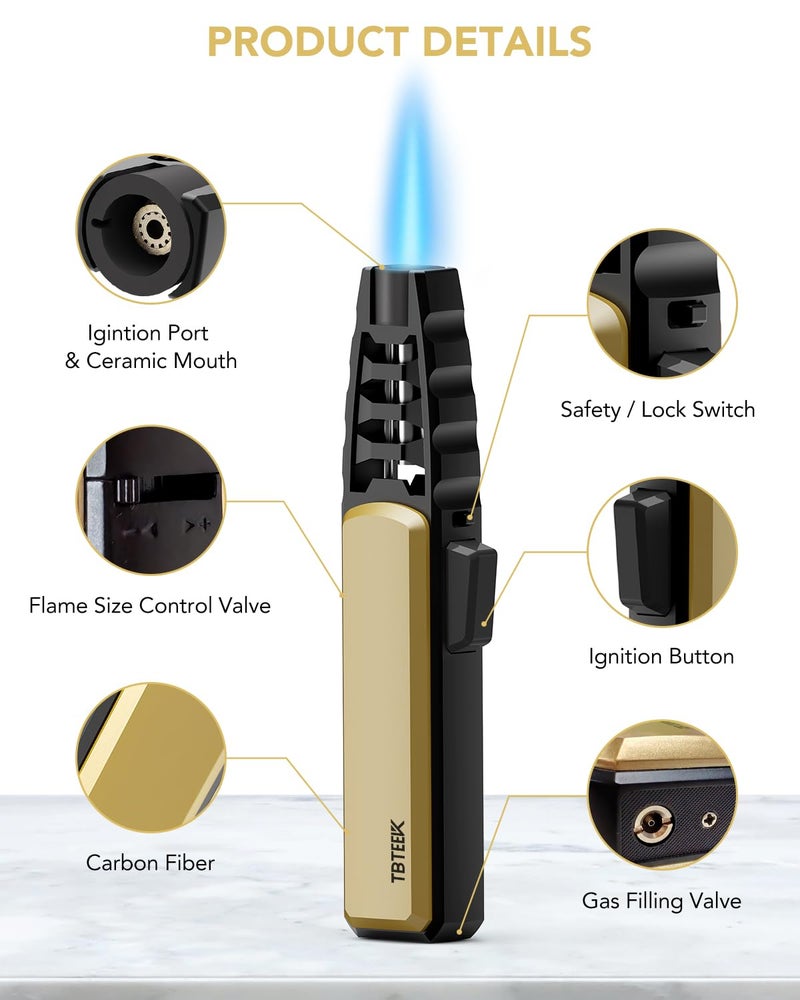 TBTeek Butane Torch Lighter - Adjustable Jet Flame Lighter, Refillable Bright Fire Blow Torch, Cooking Lighter with Safety Lock for creme, BBQ, Baking, Candle, Camping, Gold (Gas Not Included) - Image 3