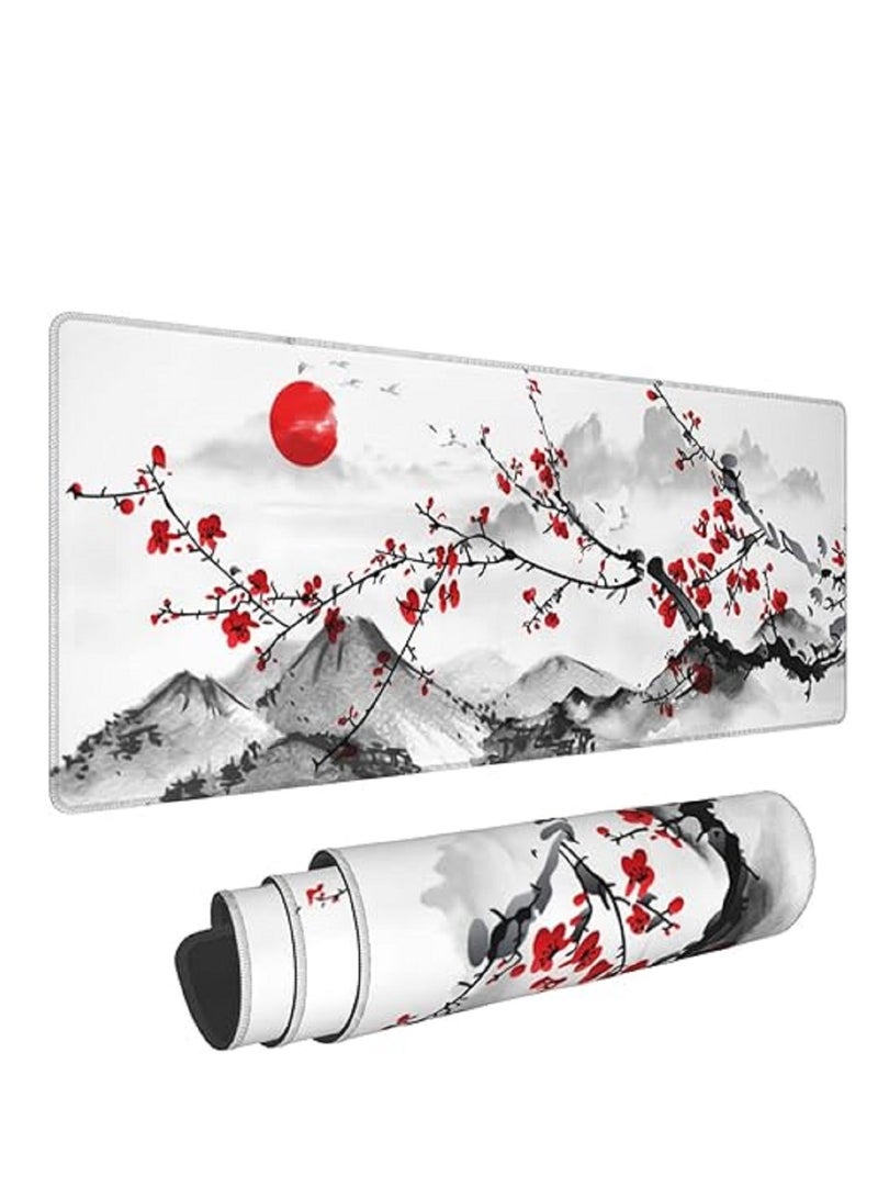 Cherry Blossom Mouse Pad 900x400x3 mm  Full Desk Japanese Sakura Mousepad Extended Large Non-Slip Rubber Base  Big Keyboard Mat with Stitched Edges for Gaming and Office - Image 1
