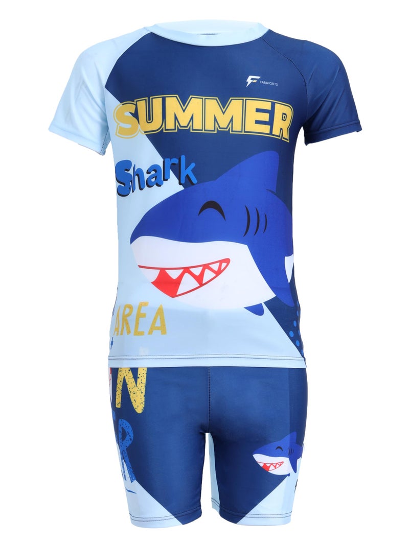 FABSPORTS Kids Two-Piece Swimwear Set – Printed Short-Sleeve Rash Guard Top & Swim Shorts for Boys & Girls, Comfortable Bathing Suit for Ages 2-4 Years Dark Blue - Image 1