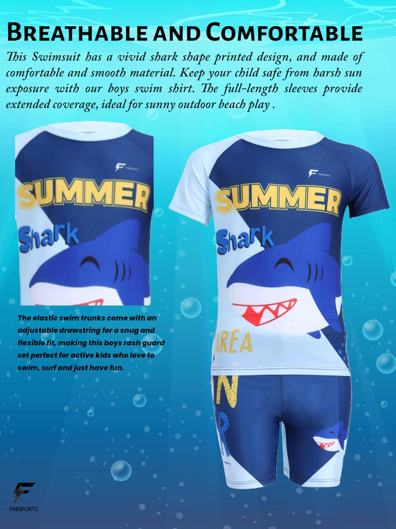 FABSPORTS Kids Two-Piece Swimwear Set – Printed Short-Sleeve Rash Guard Top & Swim Shorts for Boys & Girls, Comfortable Bathing Suit for Ages 2-4 Years Dark Blue - Image 3