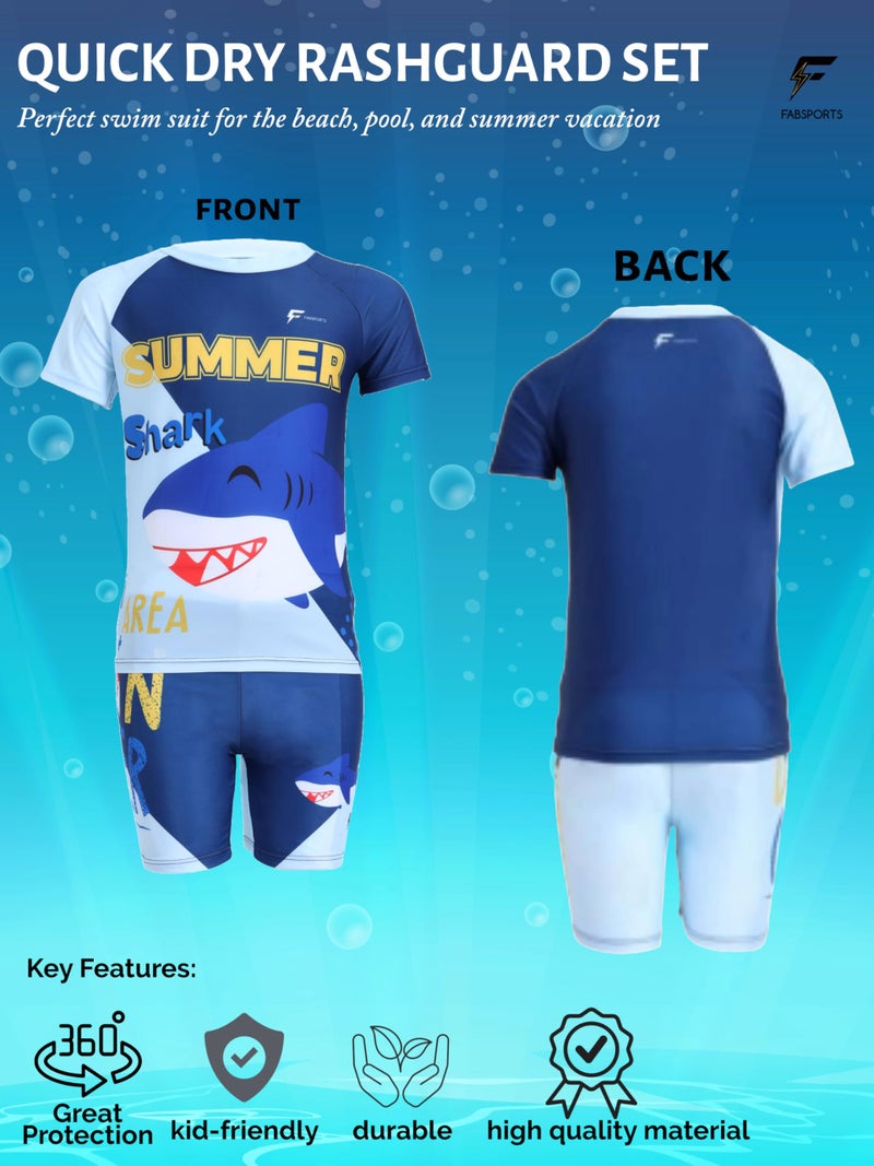 FABSPORTS Kids Two-Piece Swimwear Set – Printed Short-Sleeve Rash Guard Top & Swim Shorts for Boys & Girls, Comfortable Bathing Suit for Ages 2-4 Years Dark Blue - Image 2