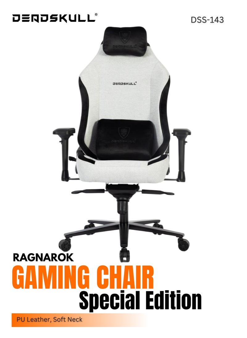 DEADSKULL RAGNAROK Gaming Chair - Fabric - Racing-Inspired Design - Lumbar Pillow - Detachable Memory Foam Neck Pillow - Adjustable Seat Height - Adjustable Armrests - White