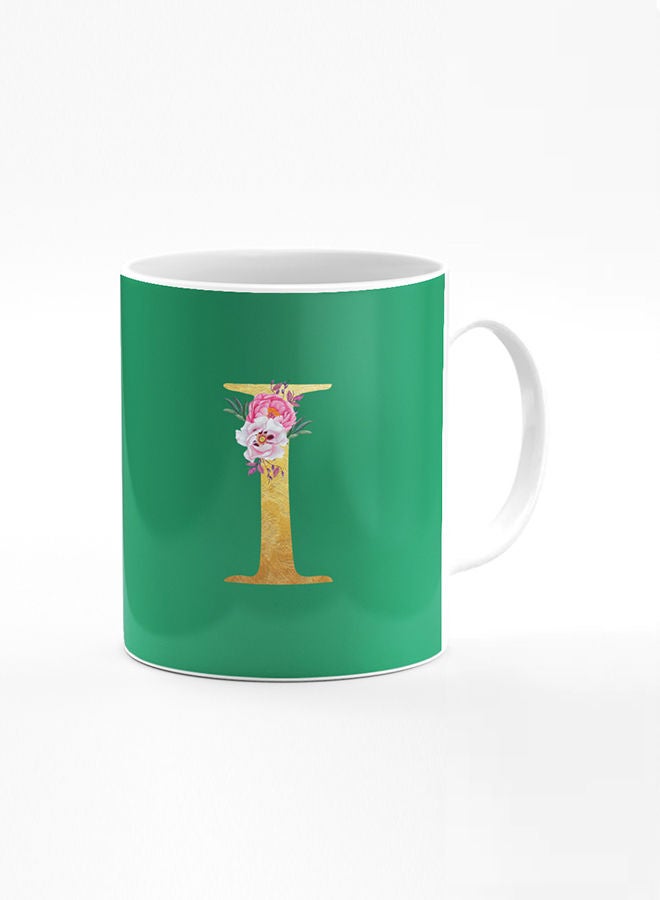 Stylizedd Stylizedd Designer Printed Coffee Mug 11oz Ceramic Personalised Gift Mugs Cup -Custom Monogram Initial Letter Floral Pattern Alphabet - I ( Dark Spring Green )  - Image 1