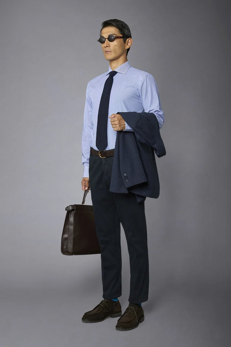دوبل غانغر Men's striped classic french collar shirt regular fit - White/Blue
