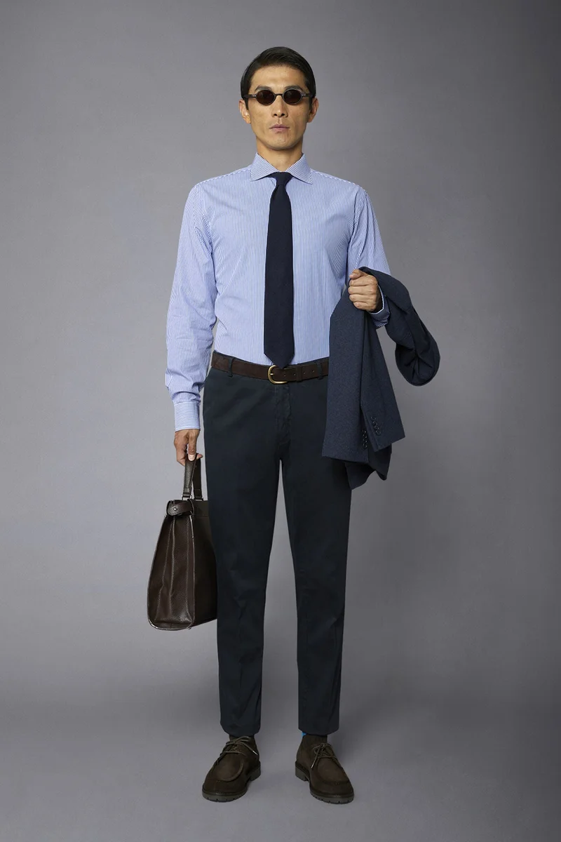 دوبل غانغر Men's striped classic french collar shirt regular fit - White/Blue