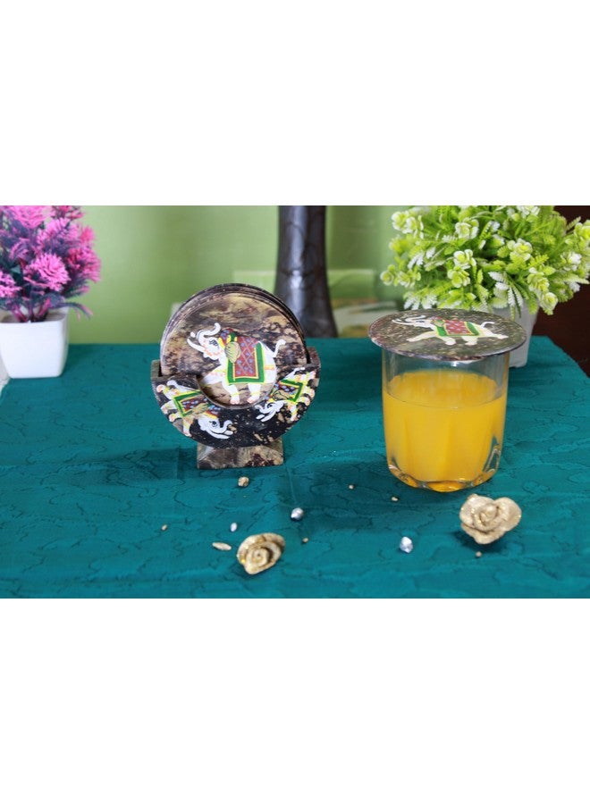 Shivay Craft Soapstone Elephant handprinted Round Tea Coasters Set of 6. - Image 1