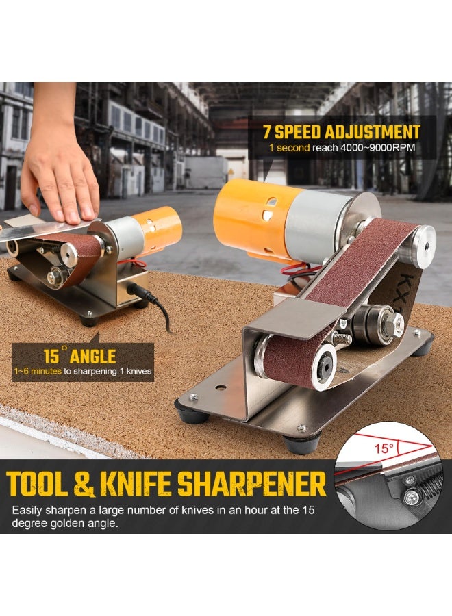 M MIAOYAN 3-In-1 Mini Belt Sander - 15 Degree Knife Sharpener Electric Bench Grinder Sanding Machine, 7 Adjustable Speed Buffer Polisher for Metal Wood DIY Handcraft, Tool & Knife Sharpening (Plus Kit) - Image 3