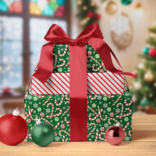 LaRibbons Reversible Green Christmas Wrapping Paper Roll, Classic Candy Cane & Red Striped Gift Wrap for Christmas, Holiday, Winter Party, 17 Inch x 33 Feet - Image 2