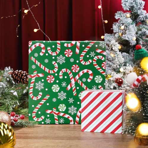 LaRibbons Reversible Green Christmas Wrapping Paper Roll, Classic Candy Cane & Red Striped Gift Wrap for Christmas, Holiday, Winter Party, 17 Inch x 33 Feet - Image 3