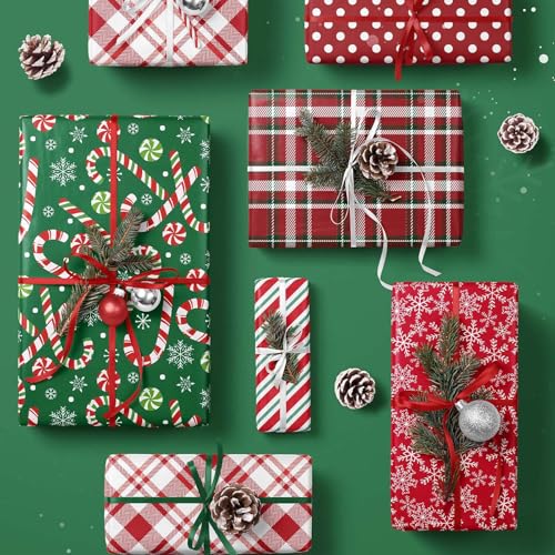 LaRibbons Reversible Green Christmas Wrapping Paper Roll, Classic Candy Cane & Red Striped Gift Wrap for Christmas, Holiday, Winter Party, 17 Inch x 33 Feet - Image 5