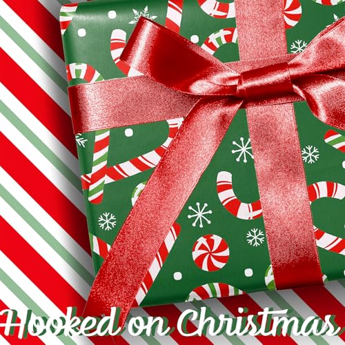 LaRibbons Reversible Green Christmas Wrapping Paper Roll, Classic Candy Cane & Red Striped Gift Wrap for Christmas, Holiday, Winter Party, 17 Inch x 33 Feet - Image 4
