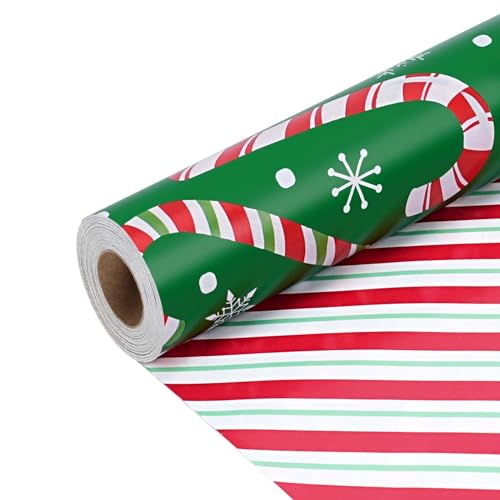 LaRibbons Reversible Green Christmas Wrapping Paper Roll, Classic Candy Cane & Red Striped Gift Wrap for Christmas, Holiday, Winter Party, 17 Inch x 33 Feet - Image 1