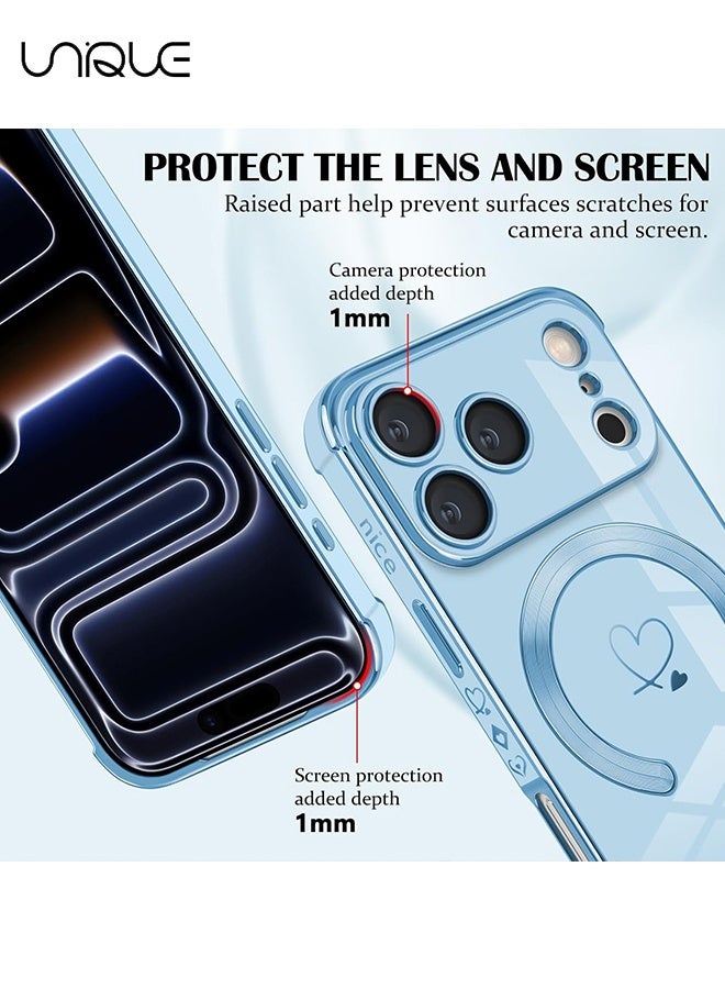 يونيك متوافق مع حافظة iPhone 17 Pro [متوافق مع MagSafe] - تصميم قلب حب لطيف - غطاء ناعم من TPU مقاوم للصدمات مع حماية للكاميرا لهاتف iPhone 17 Pro - أزرق - Image 3